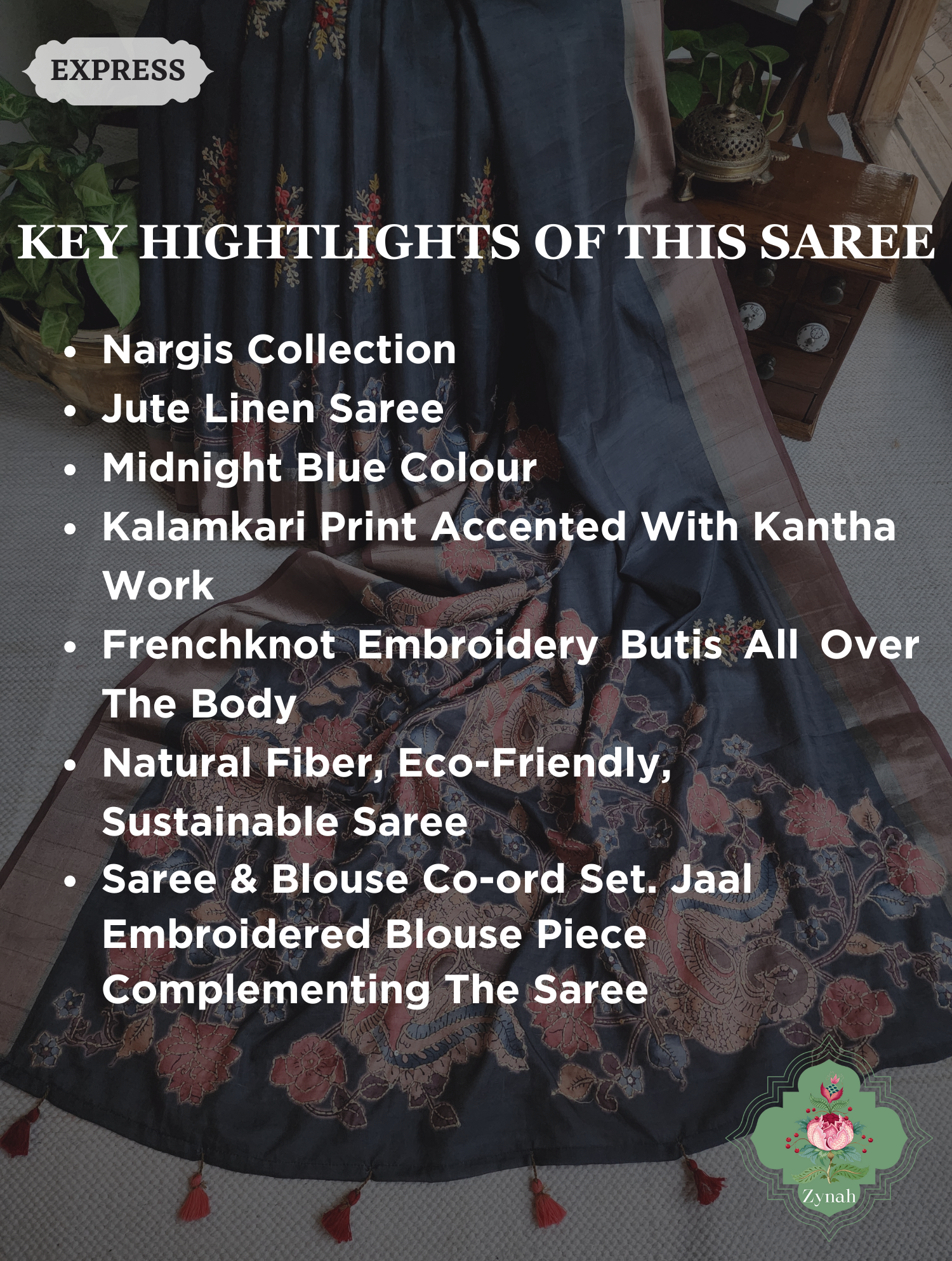 Midnight Blue Jute Linen Saree, Kalamkari Pallu With Kantha Work, All Over Frenchknot Embroidery Butis