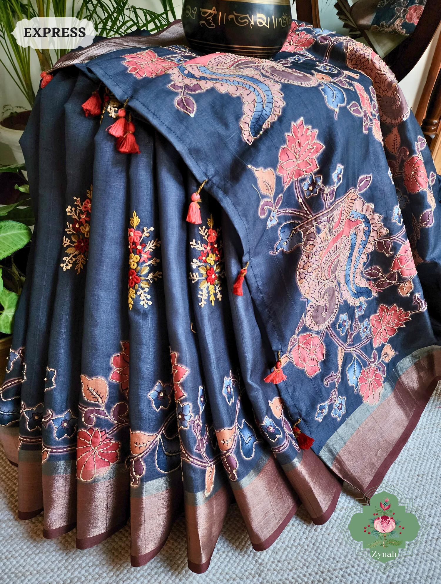 Midnight Blue Jute Linen Saree, Kalamkari Pallu With Kantha Work, All Over Frenchknot Embroidery Butis