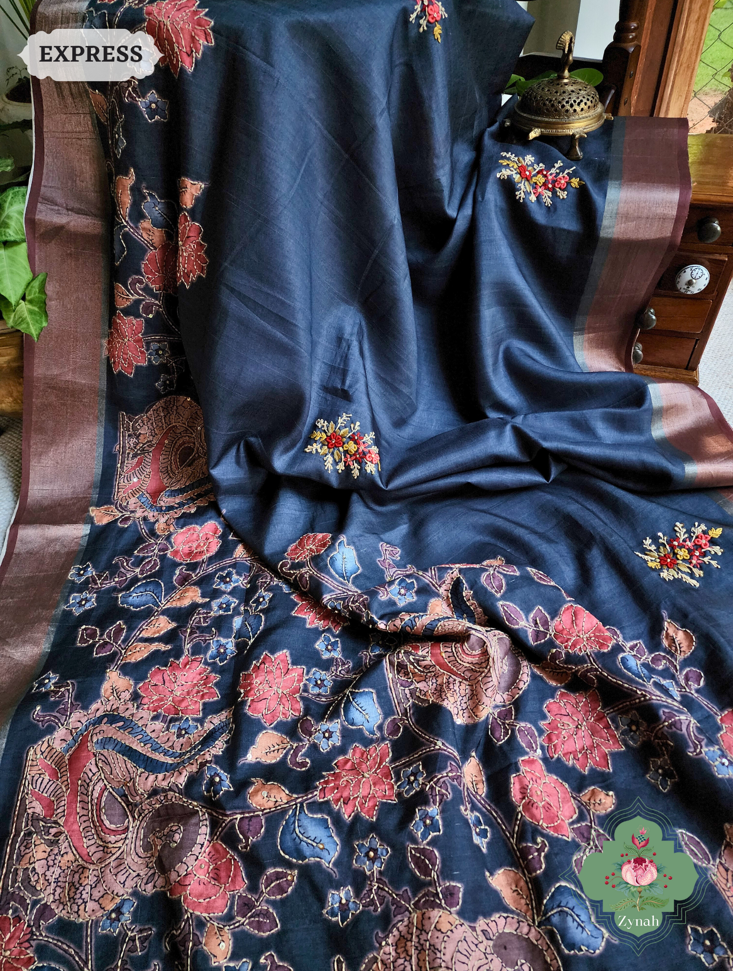 Midnight Blue Jute Linen Saree, Kalamkari Pallu With Kantha Work, All Over Frenchknot Embroidery Butis