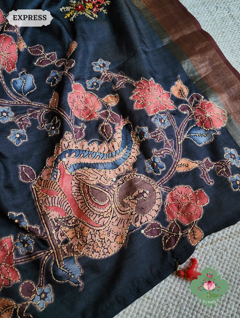 Midnight Blue Jute Linen Saree, Kalamkari Pallu With Kantha Work, All Over Frenchknot Embroidery Butis