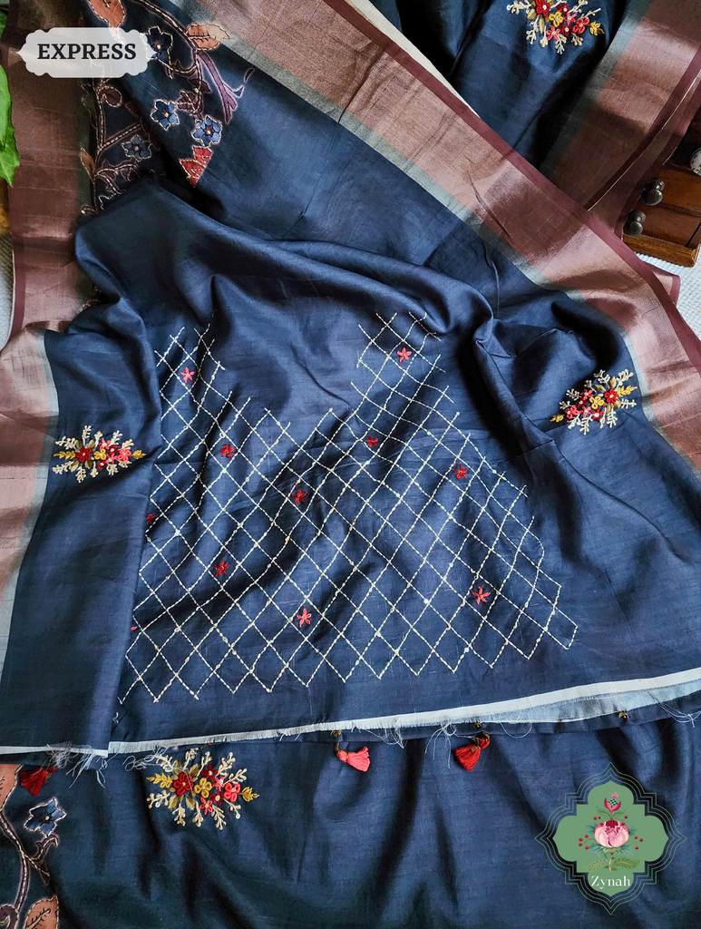 Midnight Blue Jute Linen Saree, Kalamkari Pallu With Kantha Work, All Over Frenchknot Embroidery Butis