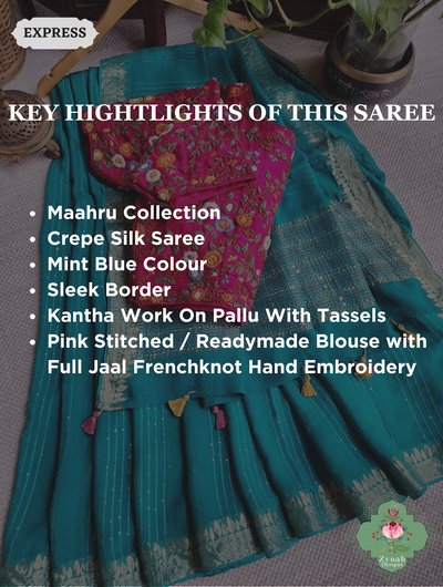 Mint Blue Crepe Silk Saree With Sequins Work, Sleek Border & Kantha Work On Pallu 2