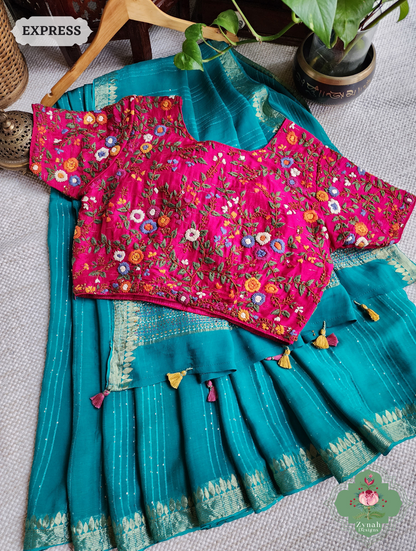 Mint Blue Crepe Silk Saree With Sequins Work, Sleek Border & Kantha Work On Pallu 4