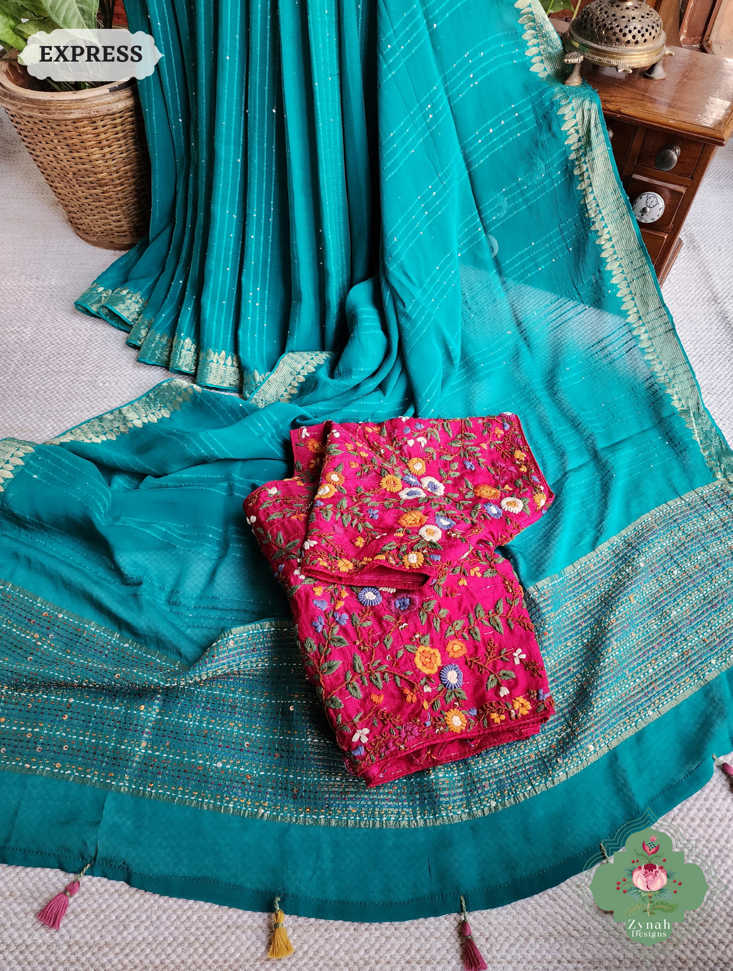 Mint Blue Crepe Silk Saree With Sequins Work, Sleek Border & Kantha Work On Pallu 5