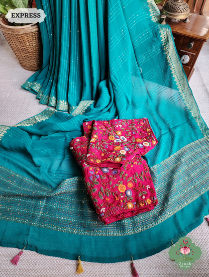 Mint Blue Crepe Silk Saree With Sequins Work, Sleek Border & Kantha Work On Pallu 5