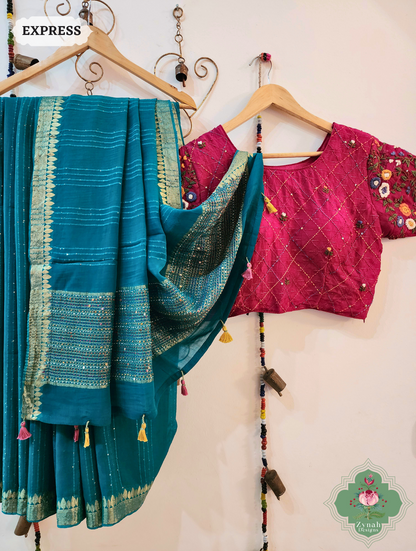 Mint Blue Crepe Silk Saree With Sequins Work, Sleek Border & Kantha Work On Pallu 9
