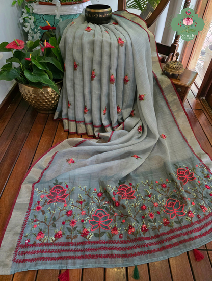 Mishka | Hand Painted Dusty Blue Linen Tissue Saree With Hand Embroidery