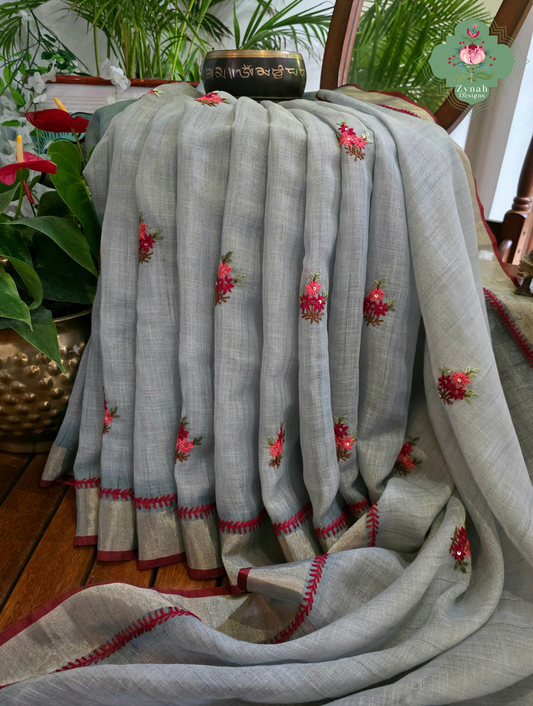 Mishka | Hand Painted Dusty Blue Linen Tissue Saree With Hand Embroidery