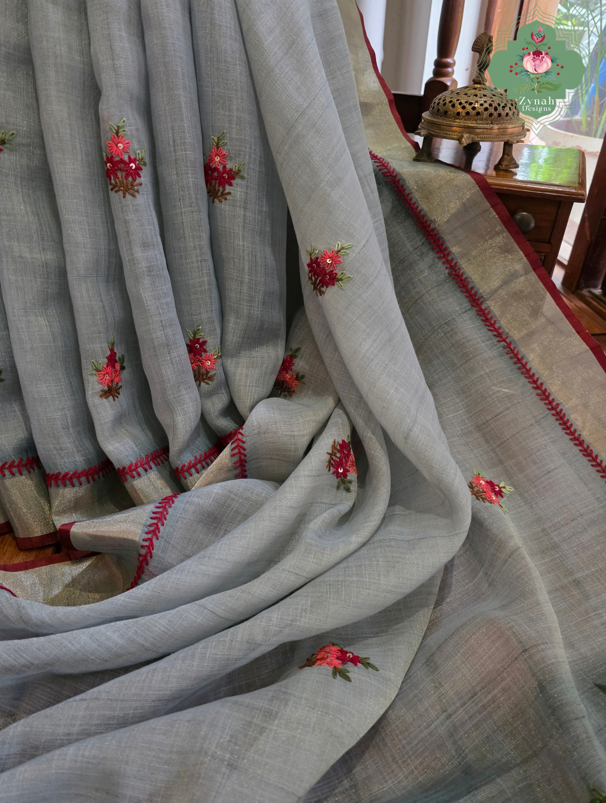 Mishka | Hand Painted Dusty Blue Linen Tissue Saree With Hand Embroidery