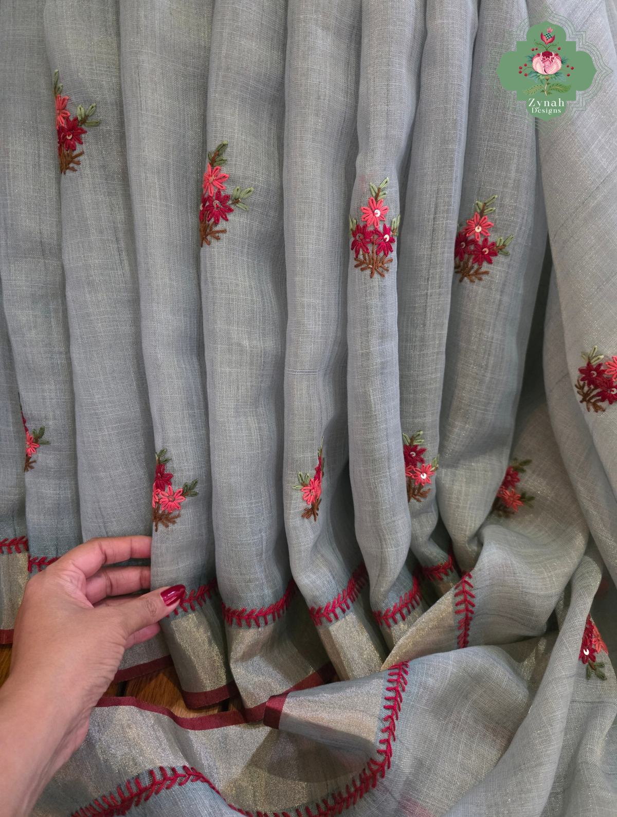 Mishka | Hand Painted Dusty Blue Linen Tissue Saree With Hand Embroidery