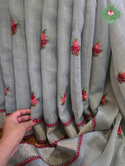 Mishka | Hand Painted Dusty Blue Linen Tissue Saree With Hand Embroidery