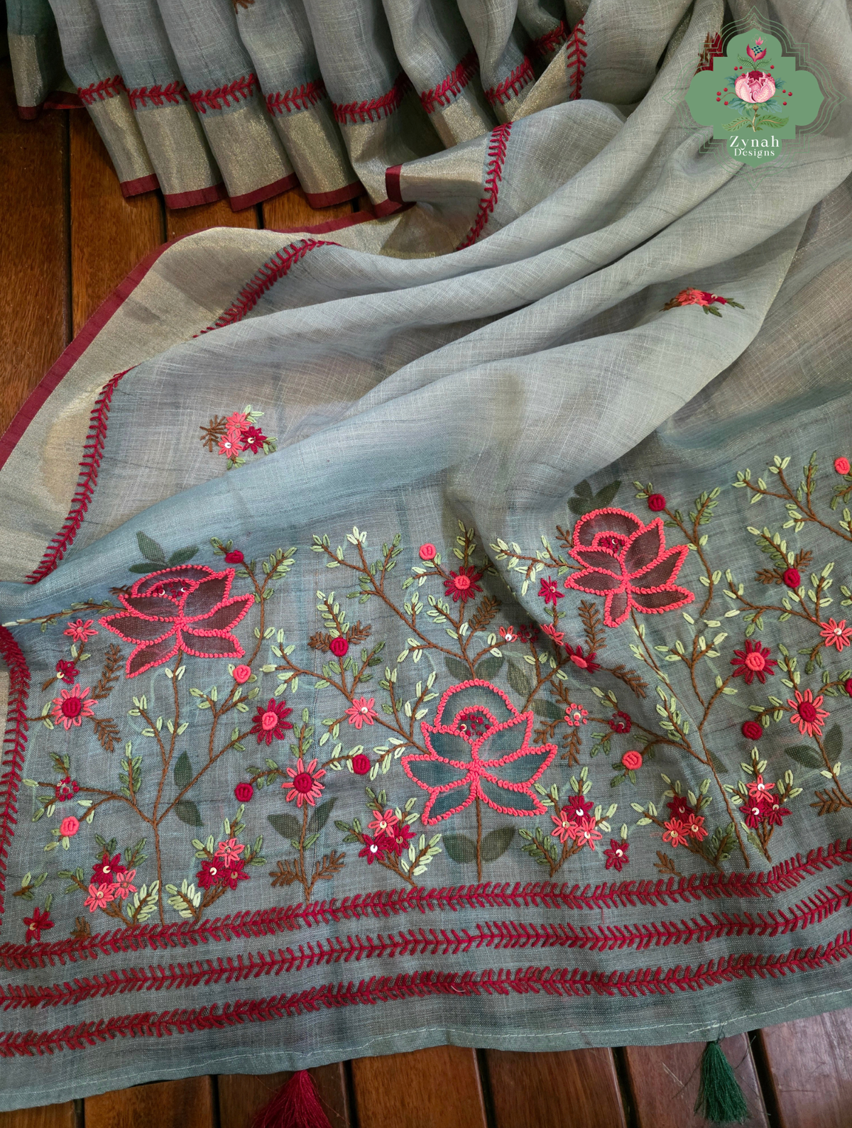Mishka | Hand Painted Dusty Blue Linen Tissue Saree With Hand Embroidery