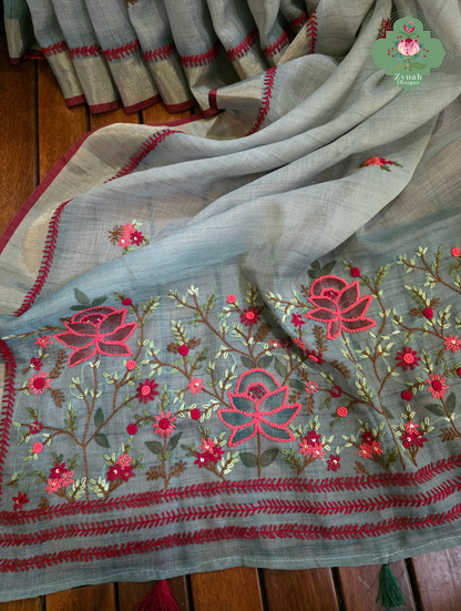 Mishka | Hand Painted Dusty Blue Linen Tissue Saree With Hand Embroidery