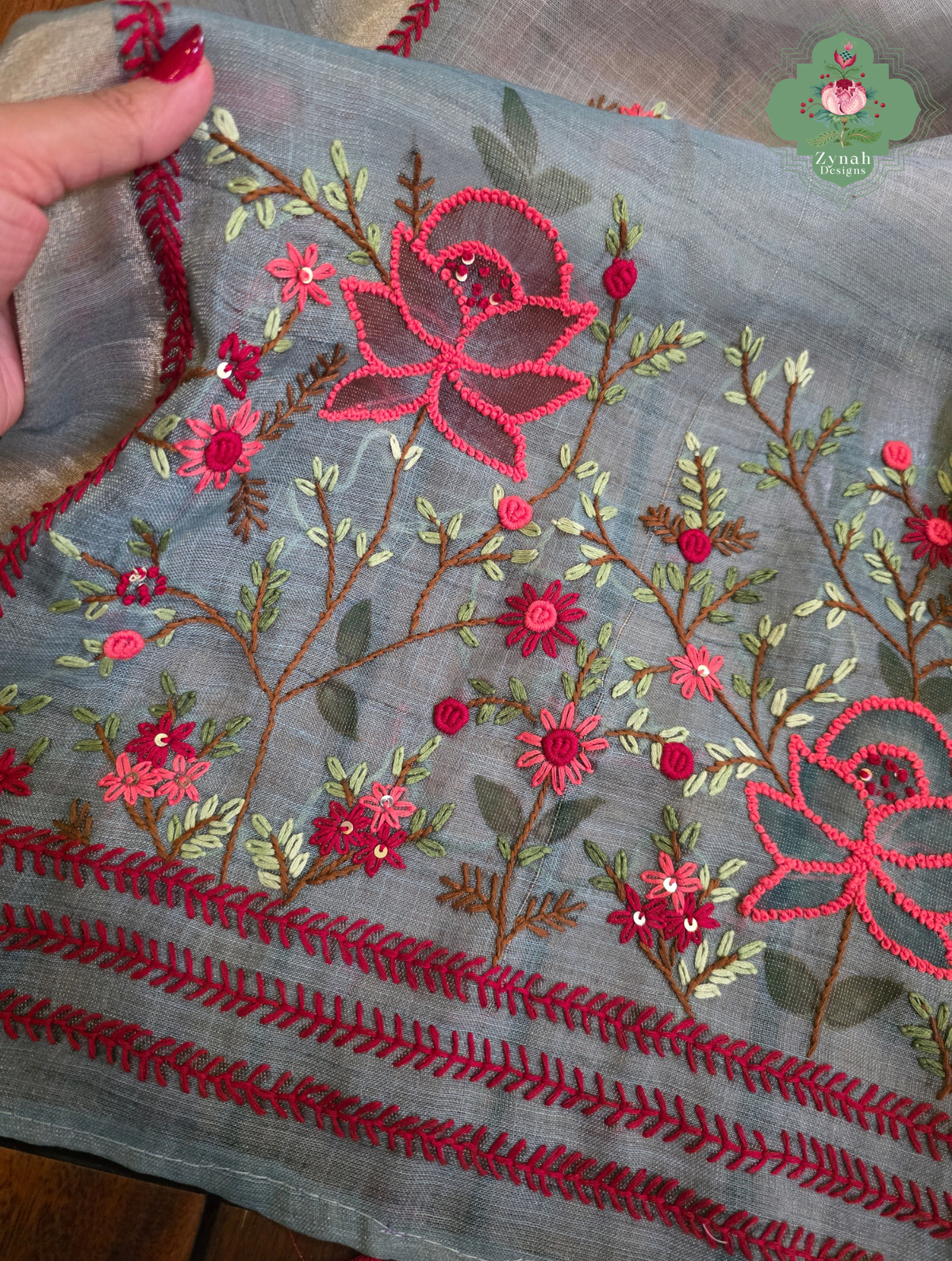 Mishka | Hand Painted Dusty Blue Linen Tissue Saree With Hand Embroidery