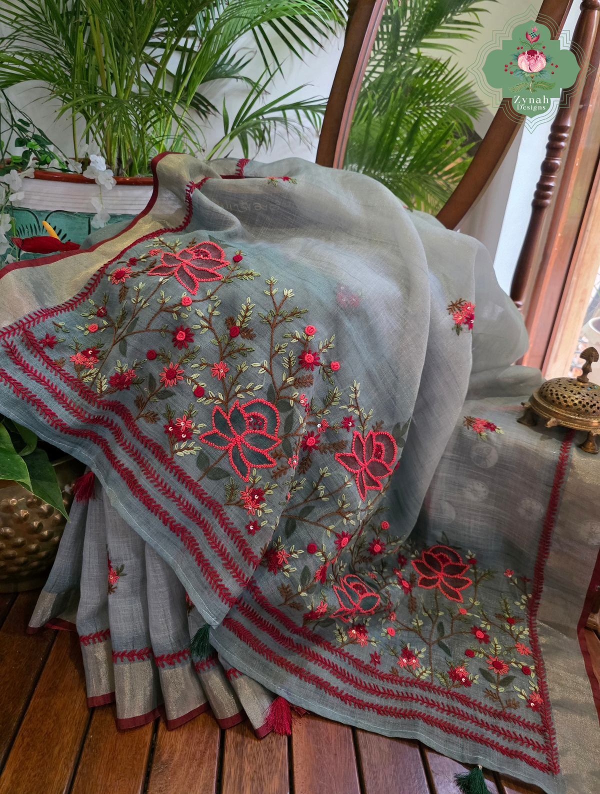 Mishka | Hand Painted Dusty Blue Linen Tissue Saree With Hand Embroidery