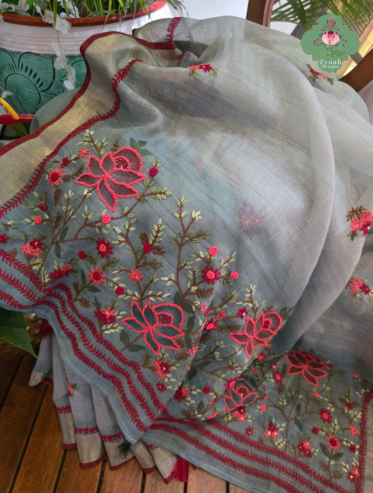 Mishka | Hand Painted Dusty Blue Linen Tissue Saree With Hand Embroidery