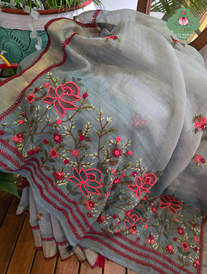 Mishka | Hand Painted Dusty Blue Linen Tissue Saree With Hand Embroidery