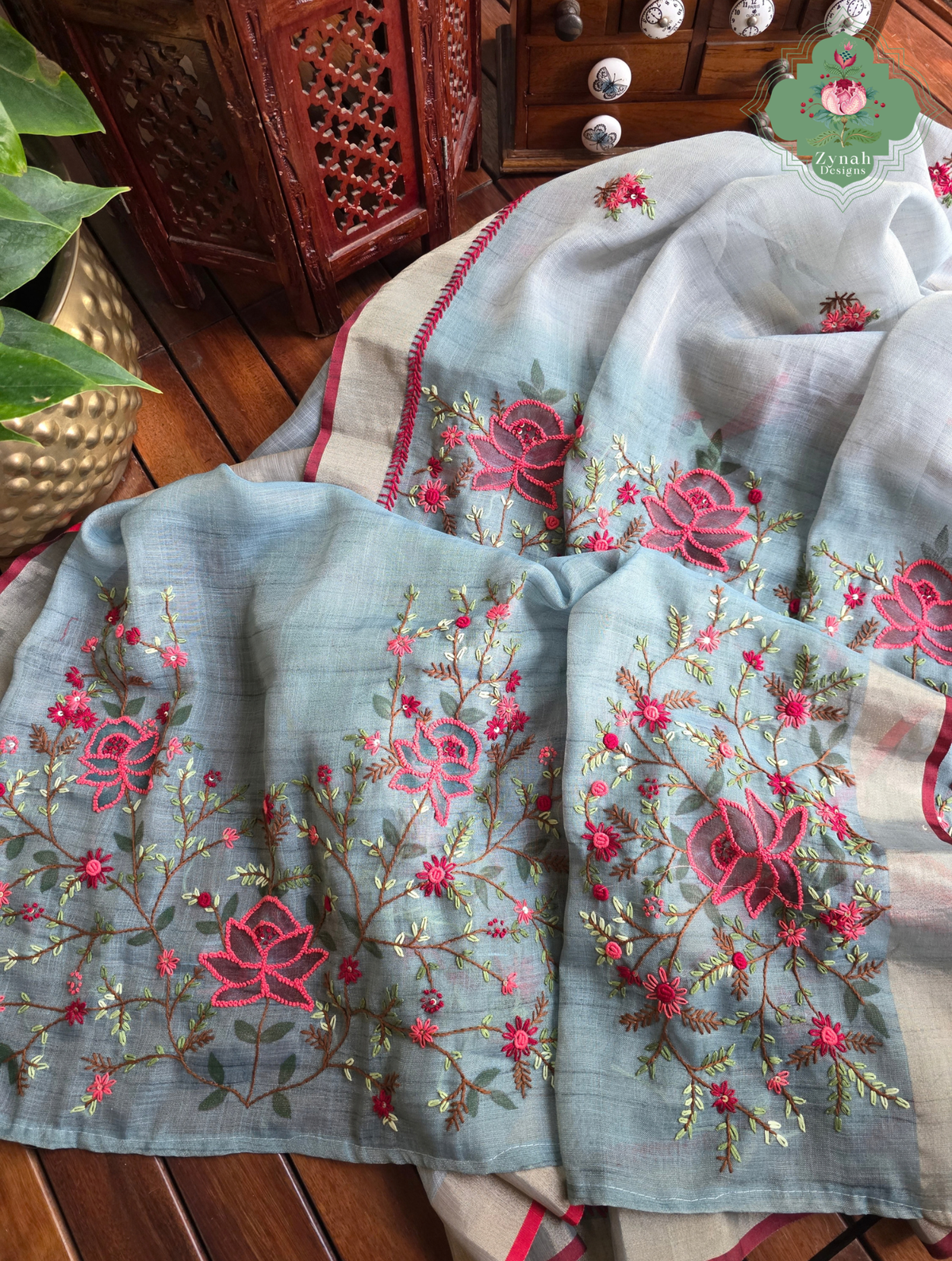 Mishka | Hand Painted Dusty Blue Linen Tissue Saree With Hand Embroidery