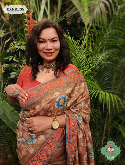 Zynah Mocha Hand-Painted Tussar Silk Kalamkari Saree With Kutch Hand Embroidery; Custom Stitched/Ready-made Blouse, Fall, Petticoat; SKU: 2805202504