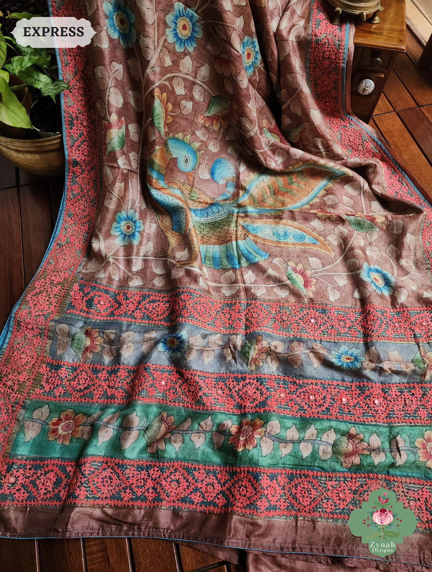 Zynah Mocha Hand-Painted Tussar Silk Kalamkari Saree With Kutch Hand Embroidery; Custom Stitched/Ready-made Blouse, Fall, Petticoat; SKU: 2805202504