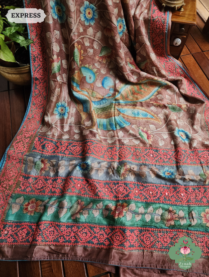 Zynah Mocha Hand-Painted Tussar Silk Kalamkari Saree With Kutch Hand Embroidery; Custom Stitched/Ready-made Blouse, Fall, Petticoat; SKU: 2805202504