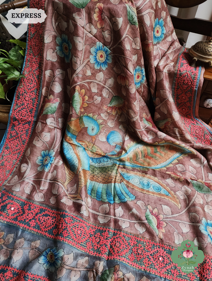 Zynah Mocha Hand-Painted Tussar Silk Kalamkari Saree With Kutch Hand Embroidery; Custom Stitched/Ready-made Blouse, Fall, Petticoat; SKU: 2805202504