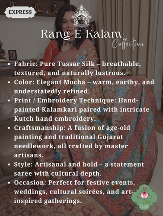Zynah Mocha Hand-Painted Tussar Silk Kalamkari Saree With Kutch Hand Embroidery; Custom Stitched/Ready-made Blouse, Fall, Petticoat; SKU: 2805202504