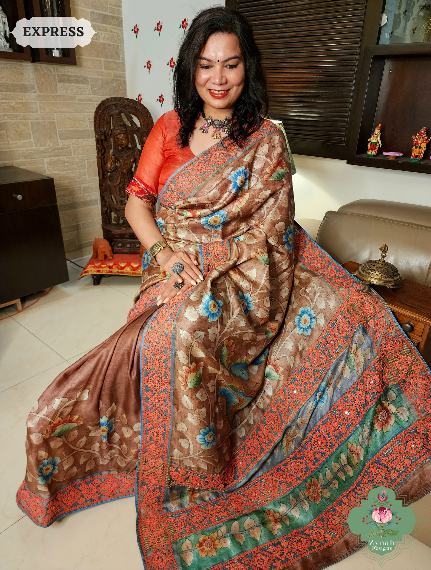 Zynah Mocha Hand-Painted Tussar Silk Kalamkari Saree With Kutch Hand Embroidery; Custom Stitched/Ready-made Blouse, Fall, Petticoat; SKU: 2805202504
