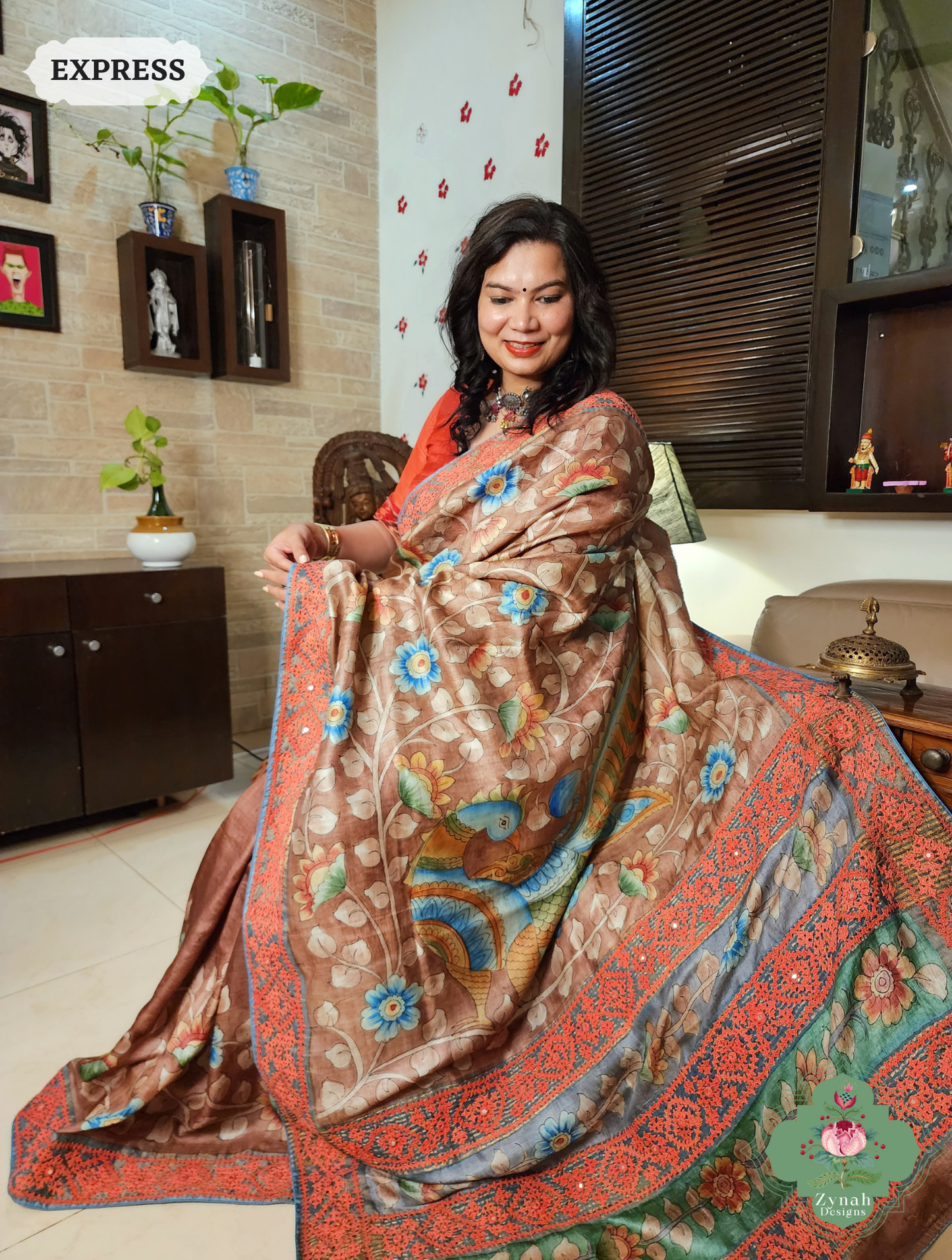Zynah Mocha Hand-Painted Tussar Silk Kalamkari Saree With Kutch Hand Embroidery; Custom Stitched/Ready-made Blouse, Fall, Petticoat; SKU: 2805202504