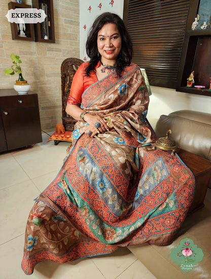Zynah Mocha Hand-Painted Tussar Silk Kalamkari Saree With Kutch Hand Embroidery; Custom Stitched/Ready-made Blouse, Fall, Petticoat; SKU: 2805202504
