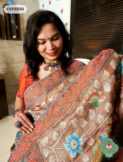 Zynah Mocha Hand-Painted Tussar Silk Kalamkari Saree With Kutch Hand Embroidery; Custom Stitched/Ready-made Blouse, Fall, Petticoat; SKU: 2805202504
