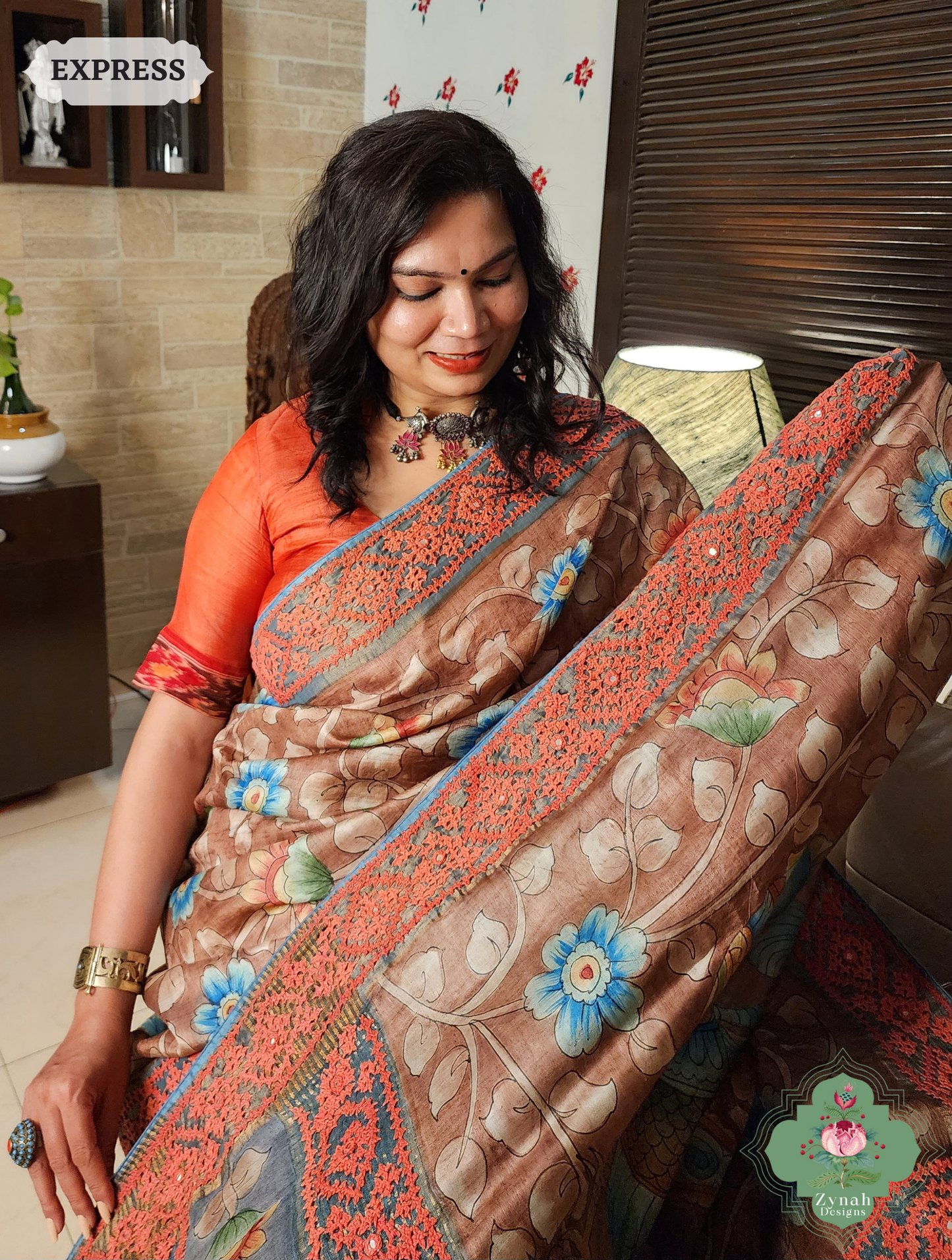 Zynah Mocha Hand-Painted Tussar Silk Kalamkari Saree With Kutch Hand Embroidery; Custom Stitched/Ready-made Blouse, Fall, Petticoat; SKU: 2805202504