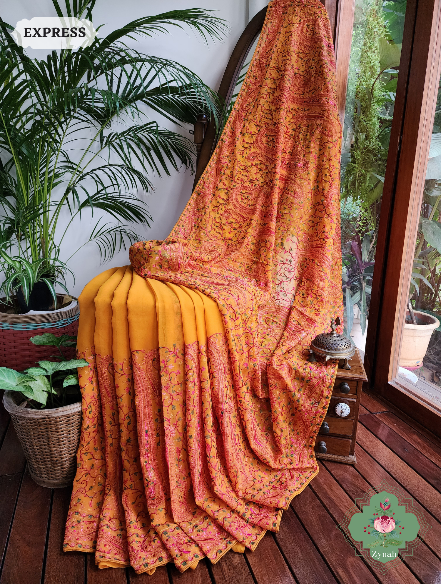 Mustard Yellow Georgette Saree With Kashida Inspired Embroidery 4