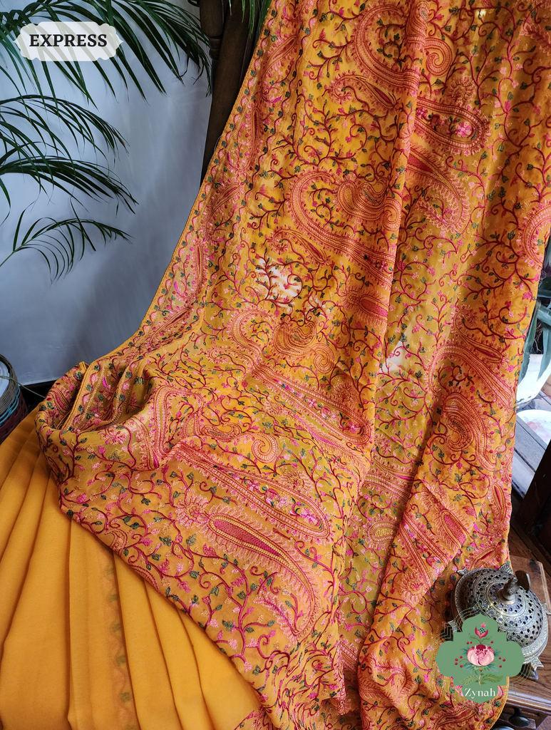 Mustard Yellow Georgette Saree With Kashida Inspired Embroidery 5