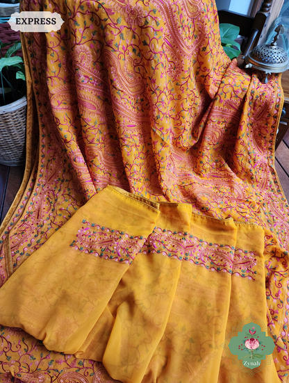 Mustard Yellow Georgette Saree With Kashida Inspired Embroidery 9