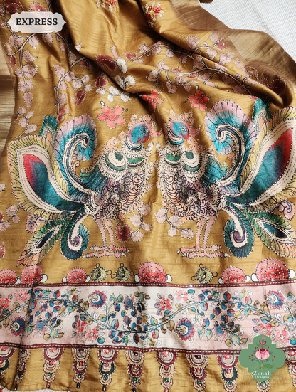 Zynah Mustard Yellow Jute Linen Saree With Kalamkari Pallu, Kantha & Sequins Highlight & Frenchknot Hand Embroidery; Custom Stitched/Ready-made Blouse, Fall, Petticoat; SKU: 0609202405