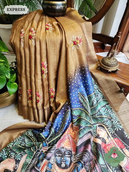 Zynah Mustard Yellow Jute Linen Saree With Pichwai Art Pallu, Kantha & Sequins Highlight & Frenchknot Hand Embroidery; Custom Stitched/Ready-made Blouse, Fall, Petticoat; SKU: 0609202406