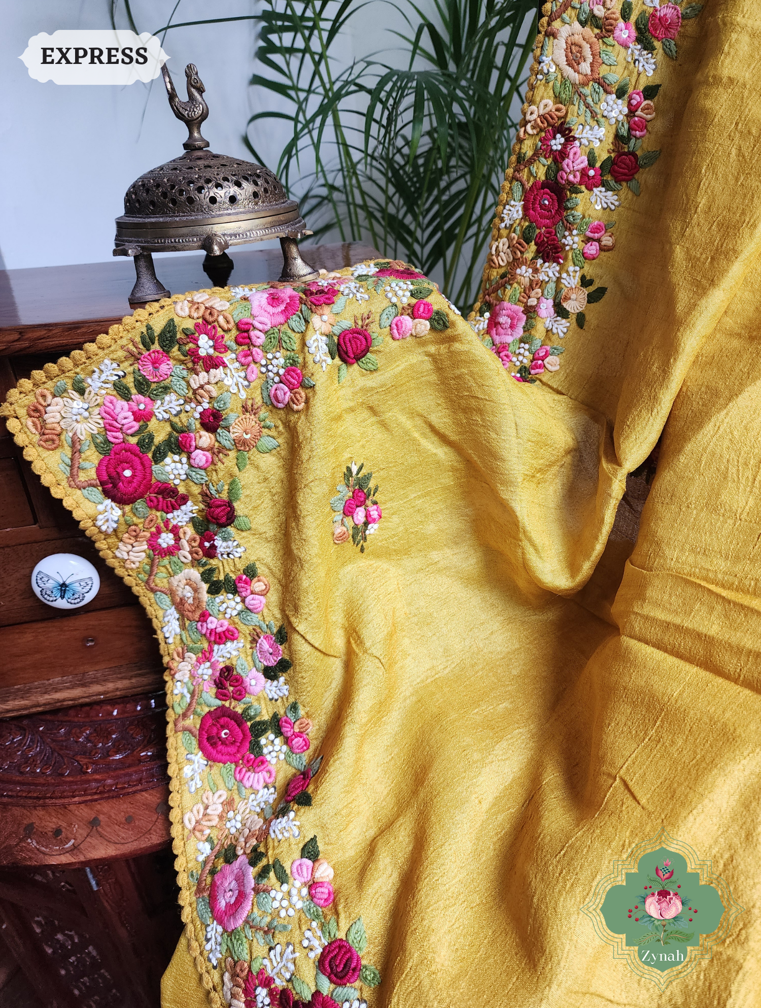 Mustard Yellow Handwoven Pure Tussar Silk Saree, Hand Frenchknot Embroidery & Crochet Edges