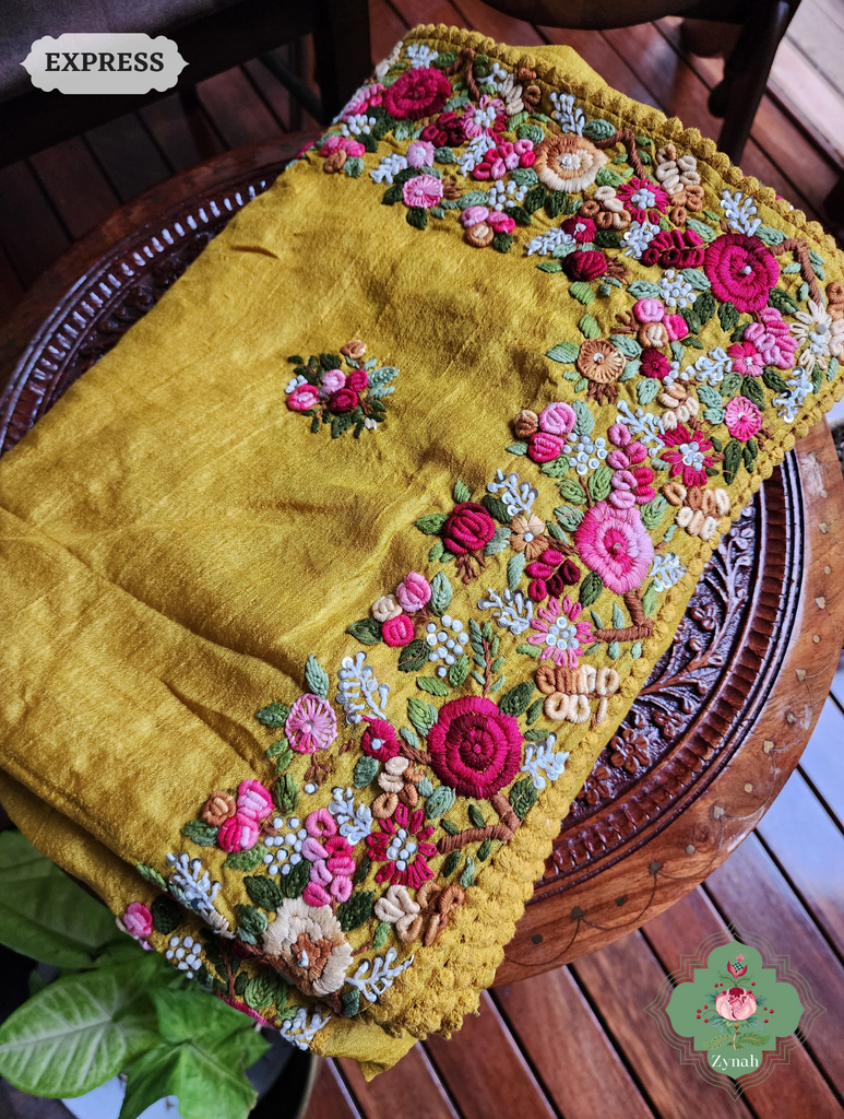 Mustard Yellow Handwoven Pure Tussar Silk Saree, Hand Frenchknot Embroidery & Crochet Edges