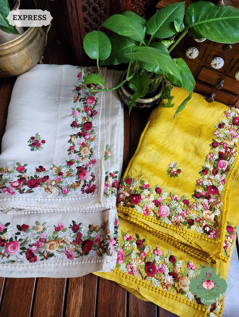 Mustard Yellow Handwoven Pure Tussar Silk Saree, Hand Frenchknot Embroidery & Crochet Edges
