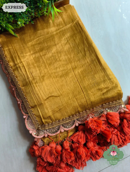 Zynah Metallic Mustard Linen Tissue Saree With Scalloped Lace & Orange Tassels; Custom Stitched/Ready-made Blouse, Fall, Petticoat; SKU: 2703202513