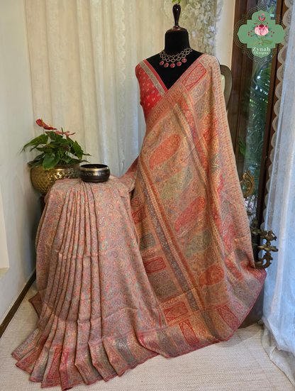 Naaz | Peachish Beige Kashmiri Pure Kani Silk Jamavar Weave Saree | Made To Order