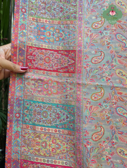 Naaz | Peachish Beige Kashmiri Pure Kani Silk Jamavar Weave Saree | Made To Order