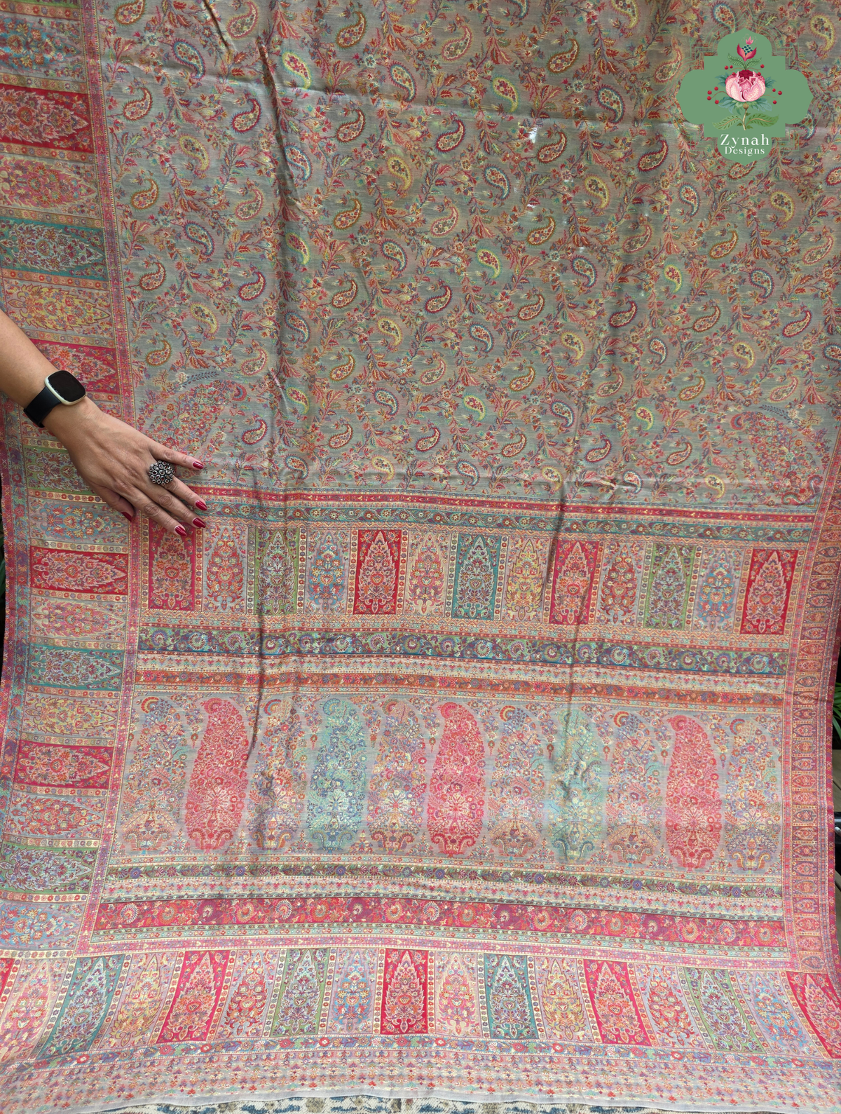 Naaz | Peachish Beige Kashmiri Pure Kani Silk Jamavar Weave Saree | Made To Order