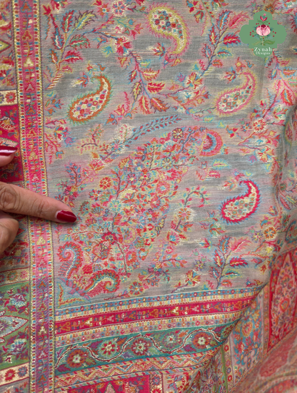 Naaz | Peachish Beige Kashmiri Pure Kani Silk Jamavar Weave Saree | Made To Order