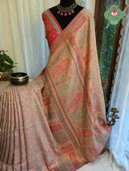 Naaz | Peachish Beige Kashmiri Pure Kani Silk Jamavar Weave Saree | Made To Order