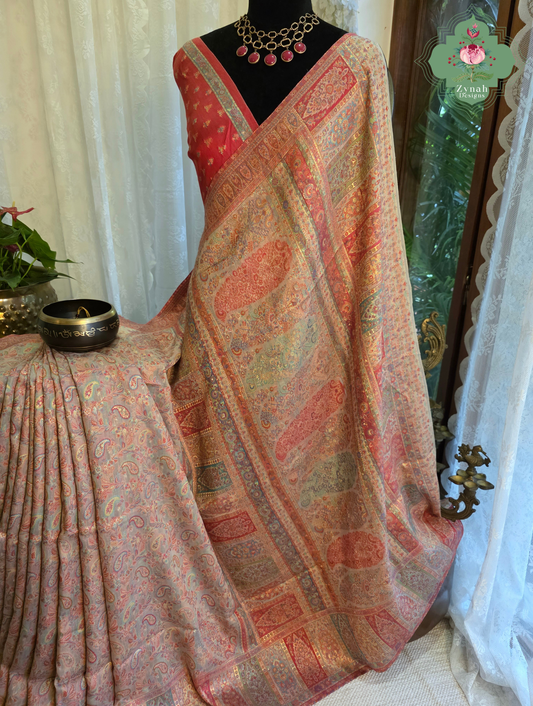 Naaz | Peachish Beige Kashmiri Pure Kani Silk Jamavar Weave Saree | Made To Order
