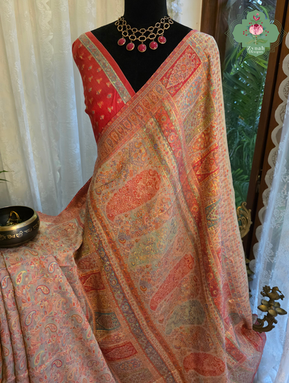 Naaz | Peachish Beige Kashmiri Pure Kani Silk Jamavar Weave Saree | Made To Order
