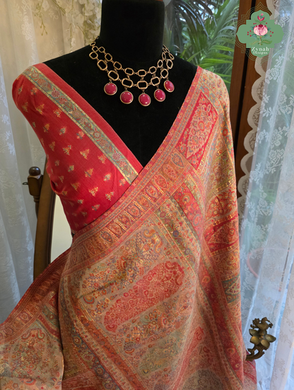 Naaz | Peachish Beige Kashmiri Pure Kani Silk Jamavar Weave Saree | Made To Order