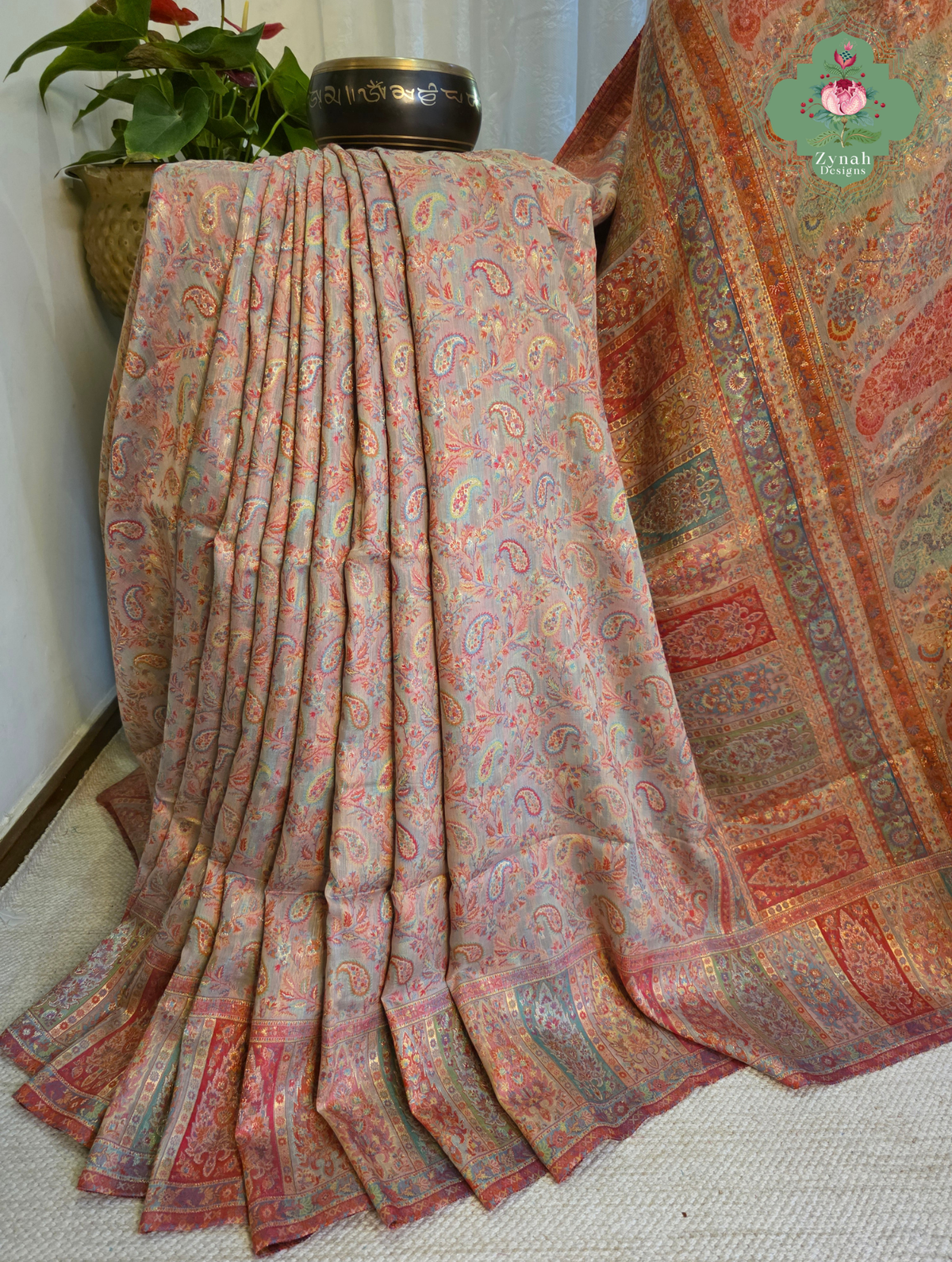 Naaz | Peachish Beige Kashmiri Pure Kani Silk Jamavar Weave Saree | Made To Order